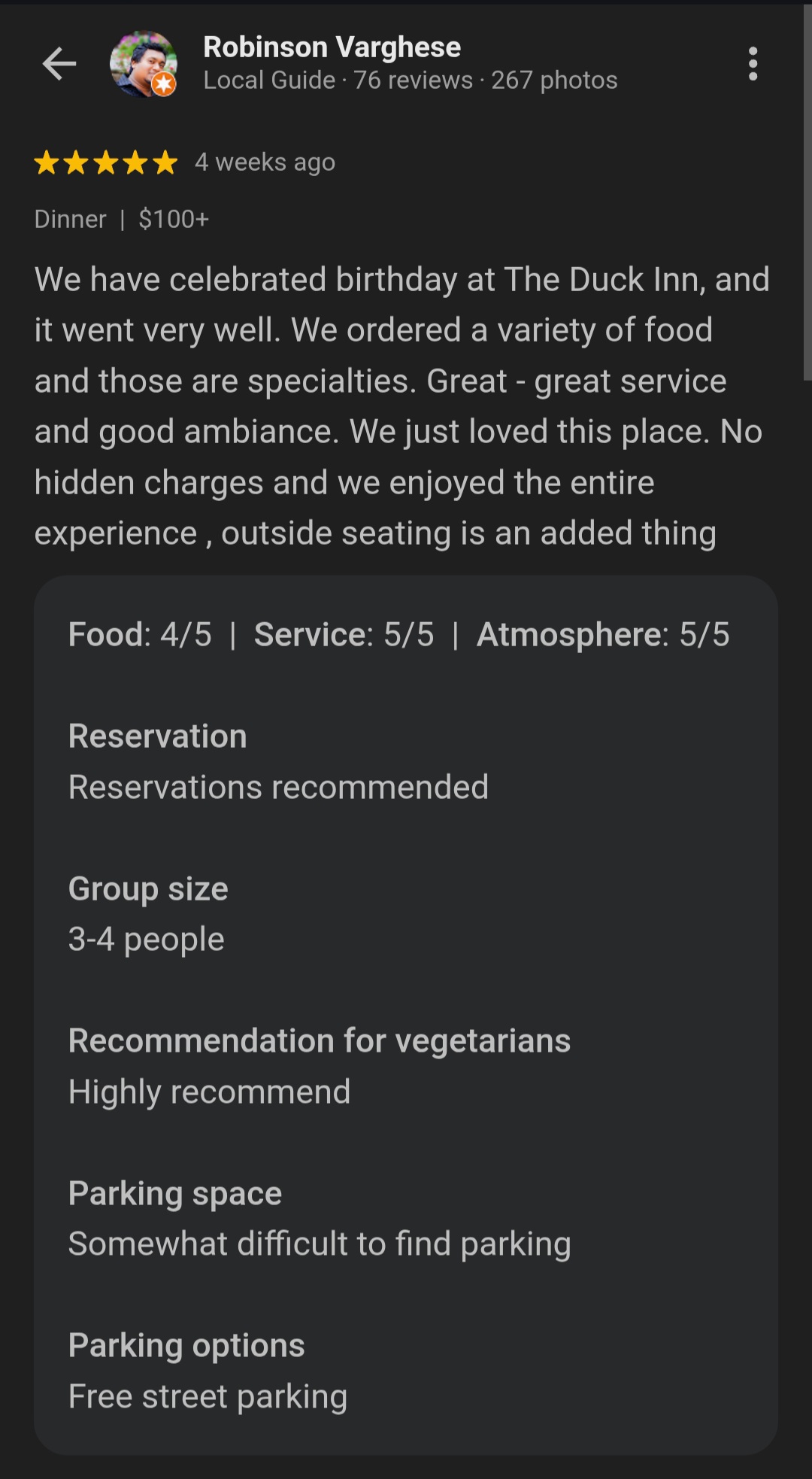 Google review of the Duck Inn